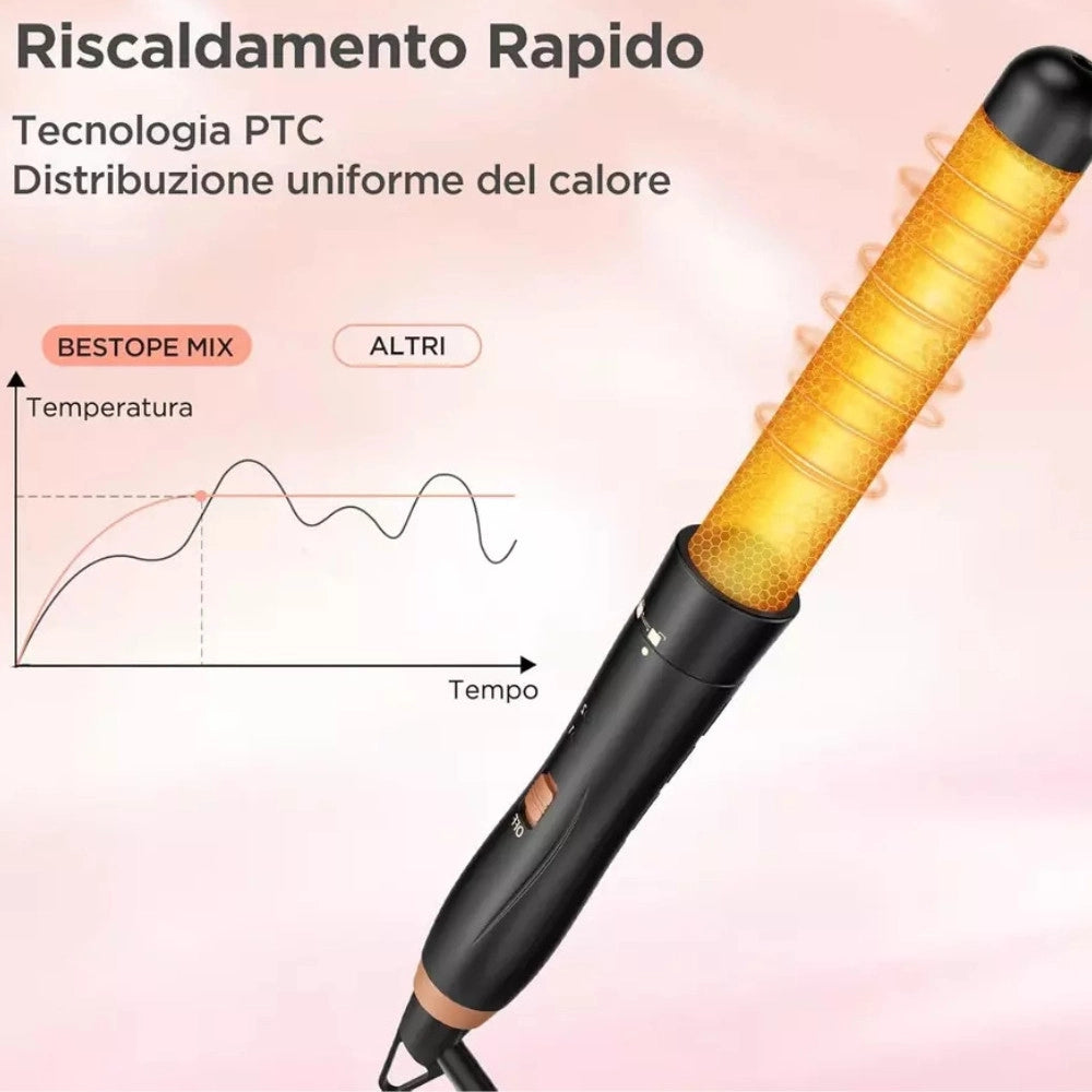 Trade Shop - Set 5in1 Piastra Capelli 3 Coni Arricciacapelli Lisci Onde Ceramica Riscaldamento Rapido -