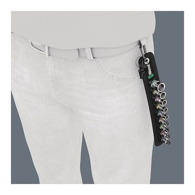 Wera 05003880001 Zyklop Set di Bussole 1-4'' con Funzione di Ritegno 9 Pezzi con Moschettone e Nastro Autoadesivo colore Nero