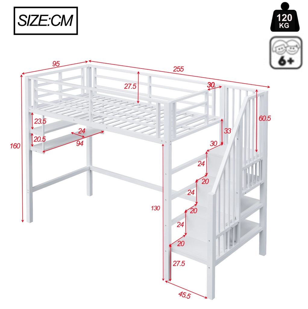 Letto a soppalco 90x200 cm con ripiani; scala contenitore e spazio libero; metallo e MDF bianco