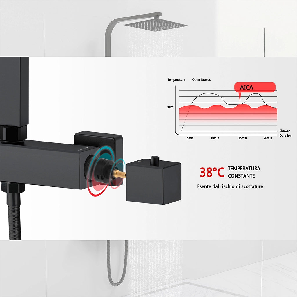 AICAIT Colonna doccia quadrata con soffione quadrato 20x20cm in acciaio inox nero, sistema doccia a 38℃ antiscottature