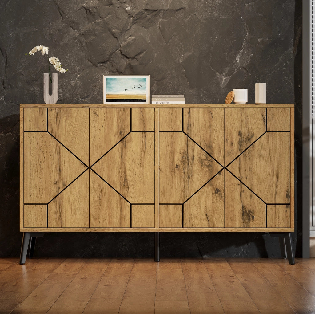 Sideboard moderno in MDF effetto rovere con 4 ante, 120×35×69 cm