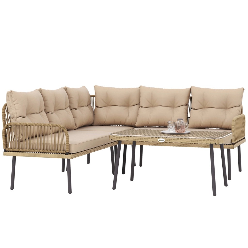 Salotto da Giardino in Rattan 2 Divanetti e Poltrona Angolare con Cuscini, Tavolino in Vetro, Colore Legno