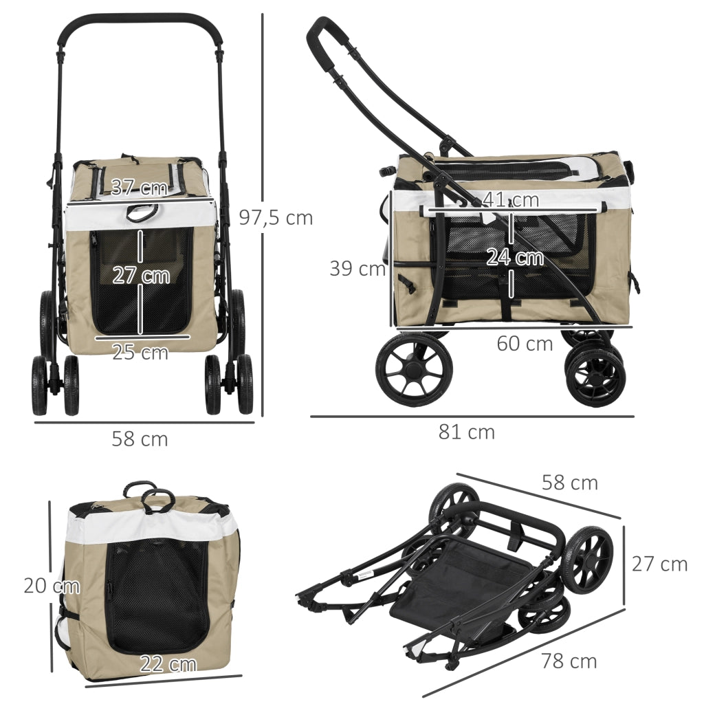 Carrello pieghevole con cestello rimovibile 4 ruote con freni tessuto Oxford marrone chiaro 81 × 58 × 97,5 cm