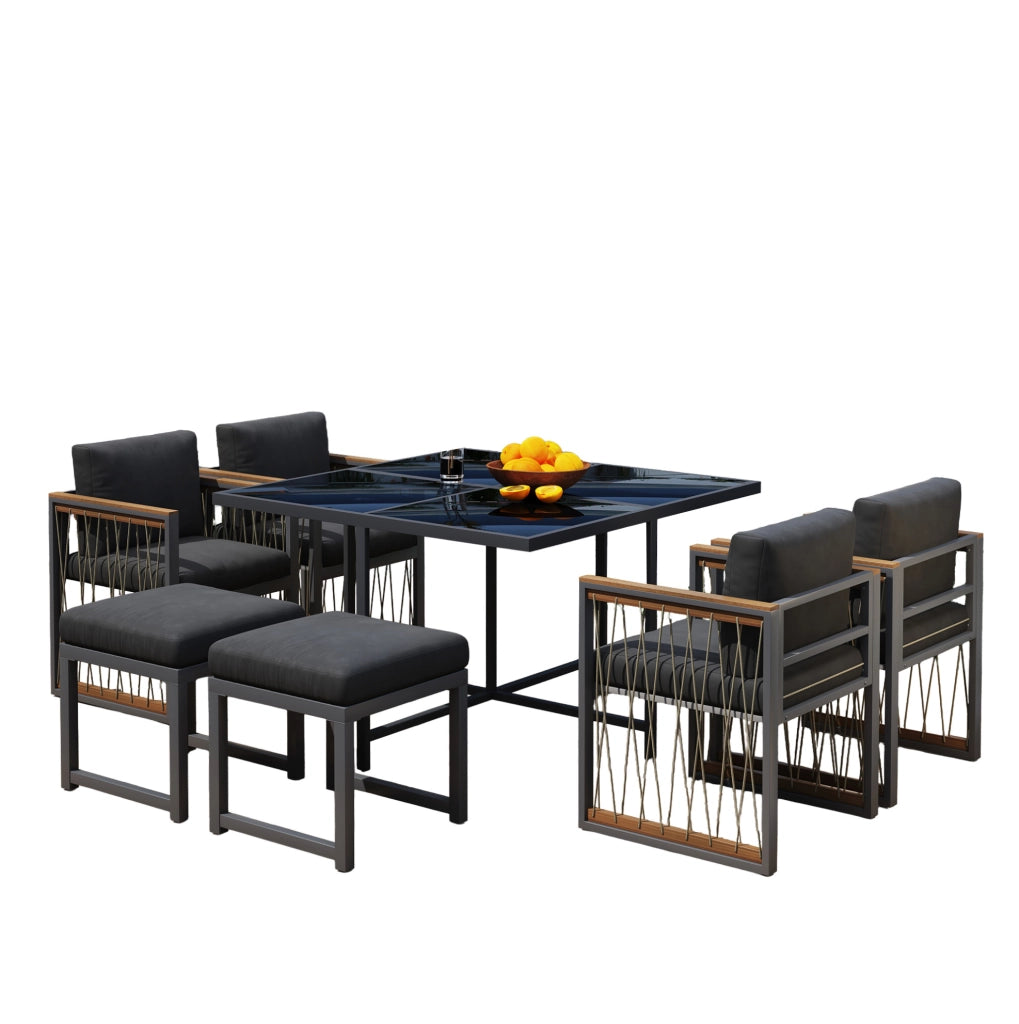 Set da giardino da pranzo 7 pezzi per 6 persone con tavolo in vetro temperato e cuscini; nero e naturale
