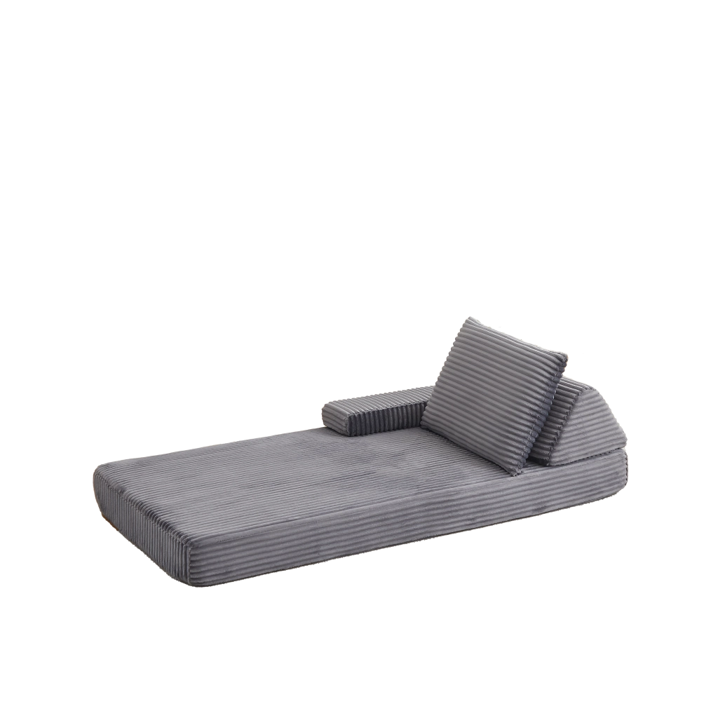 Divano modulare in corduroy grigio con schienali triangolari e braccioli regolabili