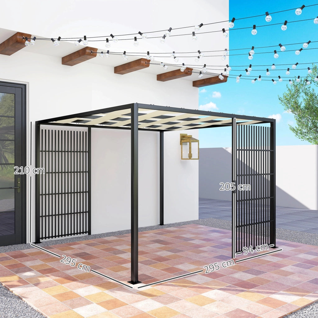 Pergola Gazebo da Giardino 295x295x210 cm Copertura Ondulata e Pannelli Laterali in Metallo Nero