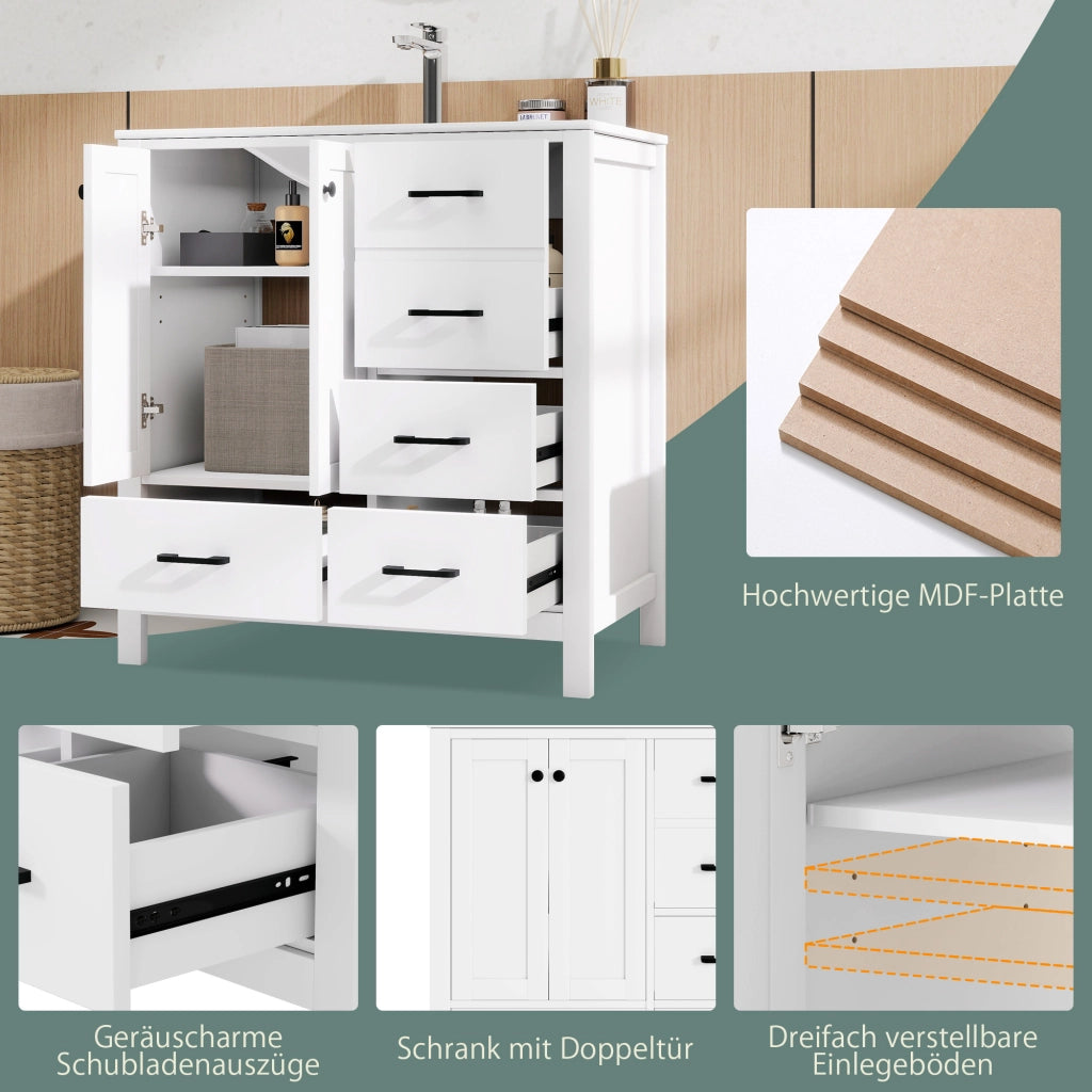 Mobile sottolavabo con lavabo in ceramica, 1 anta, 4 cassetti e 3 ripiani, per bagno, bianco, 76 × 46 × 82 cm