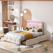 Letto singolo 90×200 cm con 2 cassetti; LED e rete; senza materasso; imbottito; beige