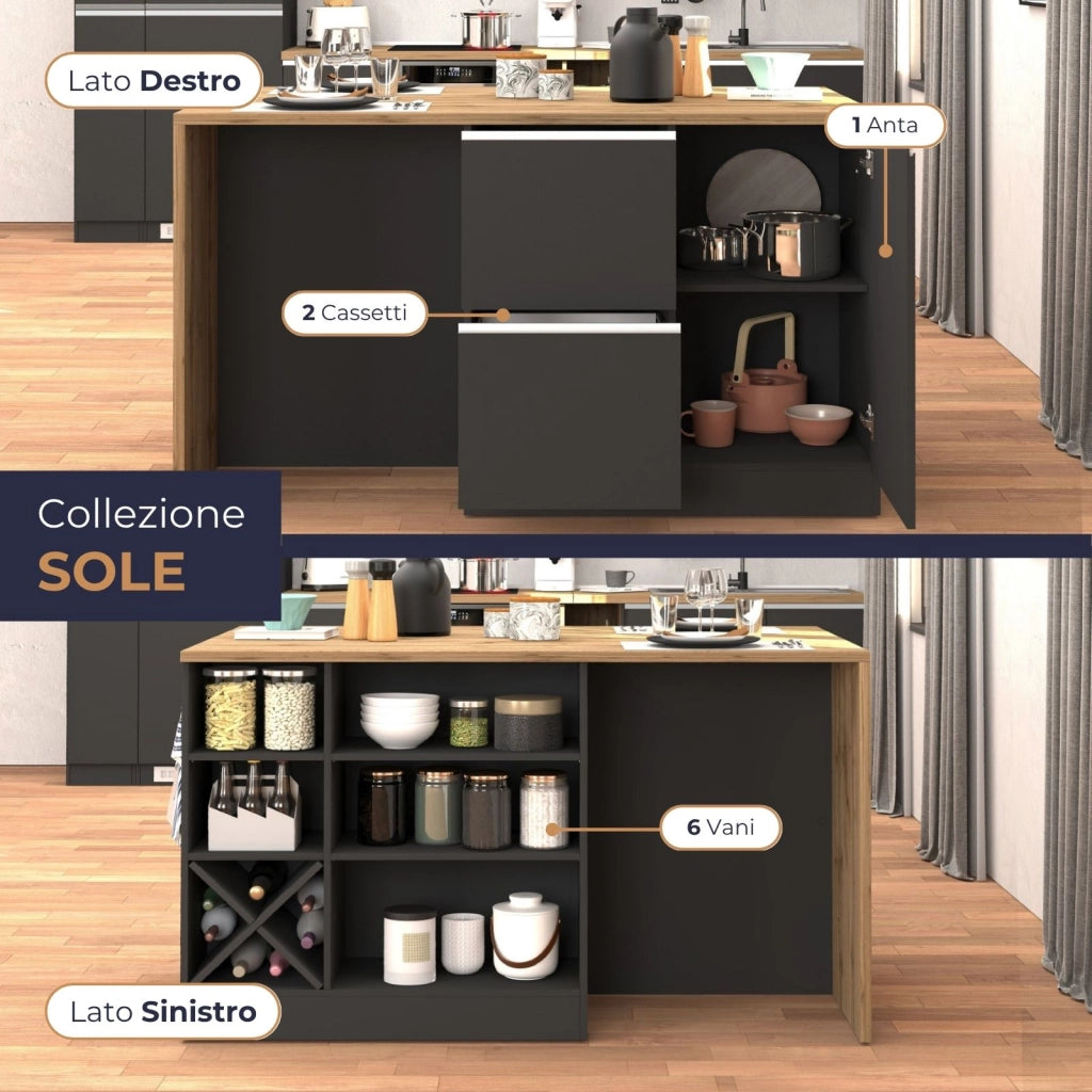 WHOUS Isola da cucina Sole con 1 anta 2 cassetti e 6 vani antracite opaco/rovere 153x90x91 cm
