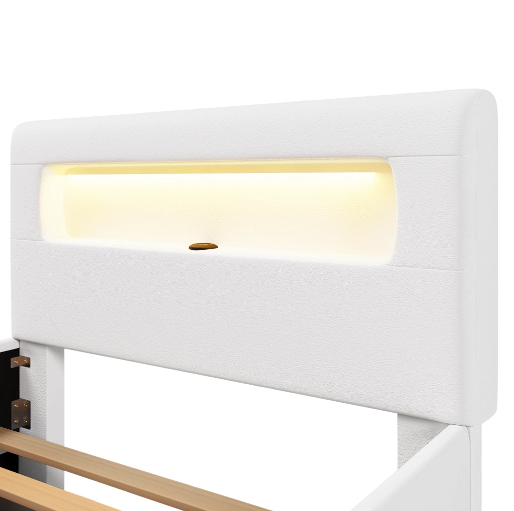 Letto a piattaforma imbottito 90x200 cm bianco con scala, cassetti, luci LED e porta USB