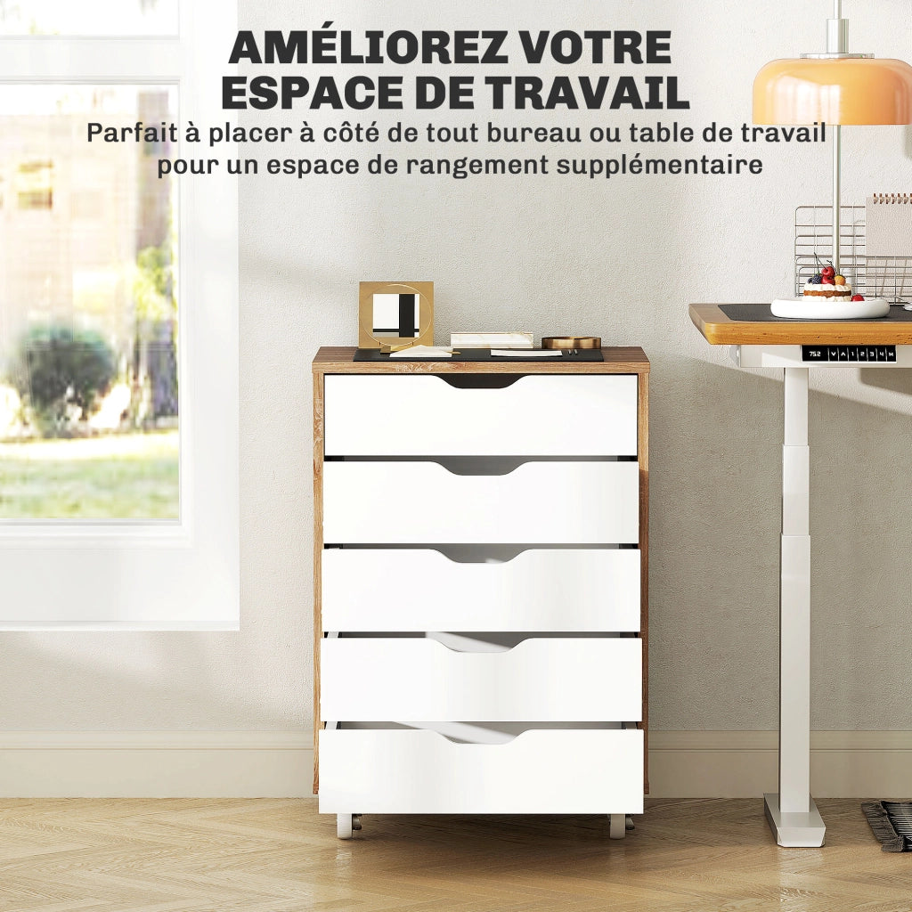 Scrivania con cassettiera mobile ¨C zephmum ¨C 5 cassetti, bianco e rovere, 47.5x39.5x67.5 cm