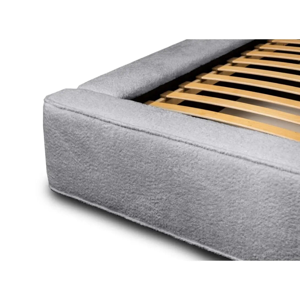 Letto contenitore VELORA – Grigio perla bouclé – 180x200 cm – Tessuto velluto morbido – Rete sollevabile – Spazio di stoccaggio integrato