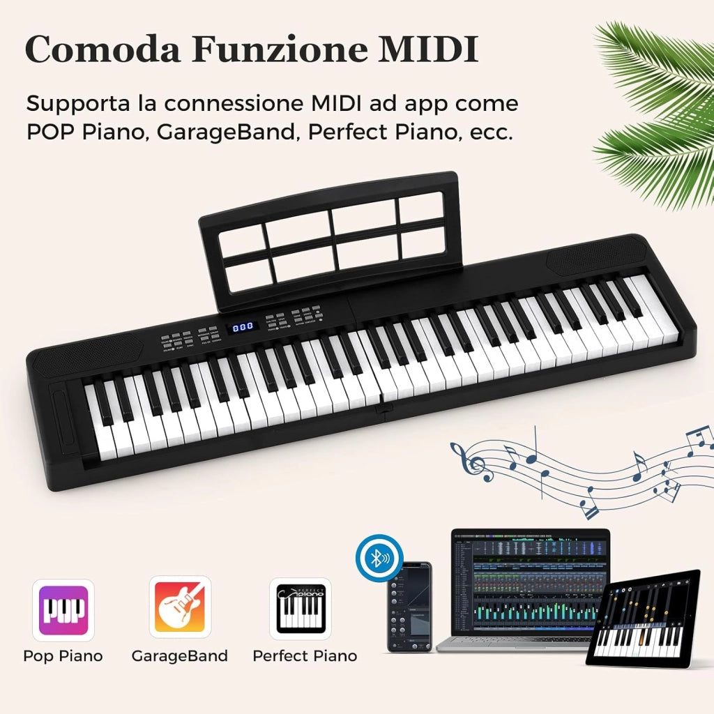 Tastiera Pianoforte Pieghevole a 61 Tasti, Tastiera Elettronica con Funzione MIDI, Cuffie, Pedale Sustain, Pianoforte Digitale Portatile per Principianti (Nero)