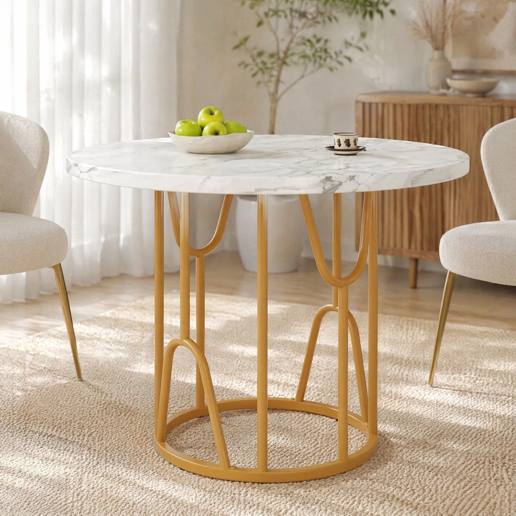 Tavolo da pranzo rotondo 80x80x76 cm in MDF e metallo; gambe oro; stile classico