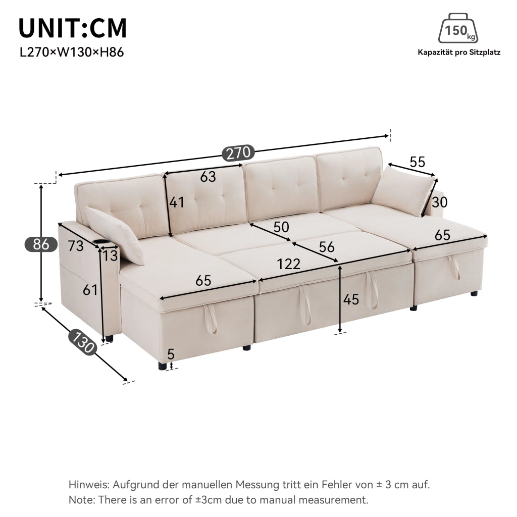 OKWISH Divano Letto Rivestito in Cotone e Lino, Divano a U con Contenitori, Portabicchieri, Tasche Laterali e Cuscini, Beige