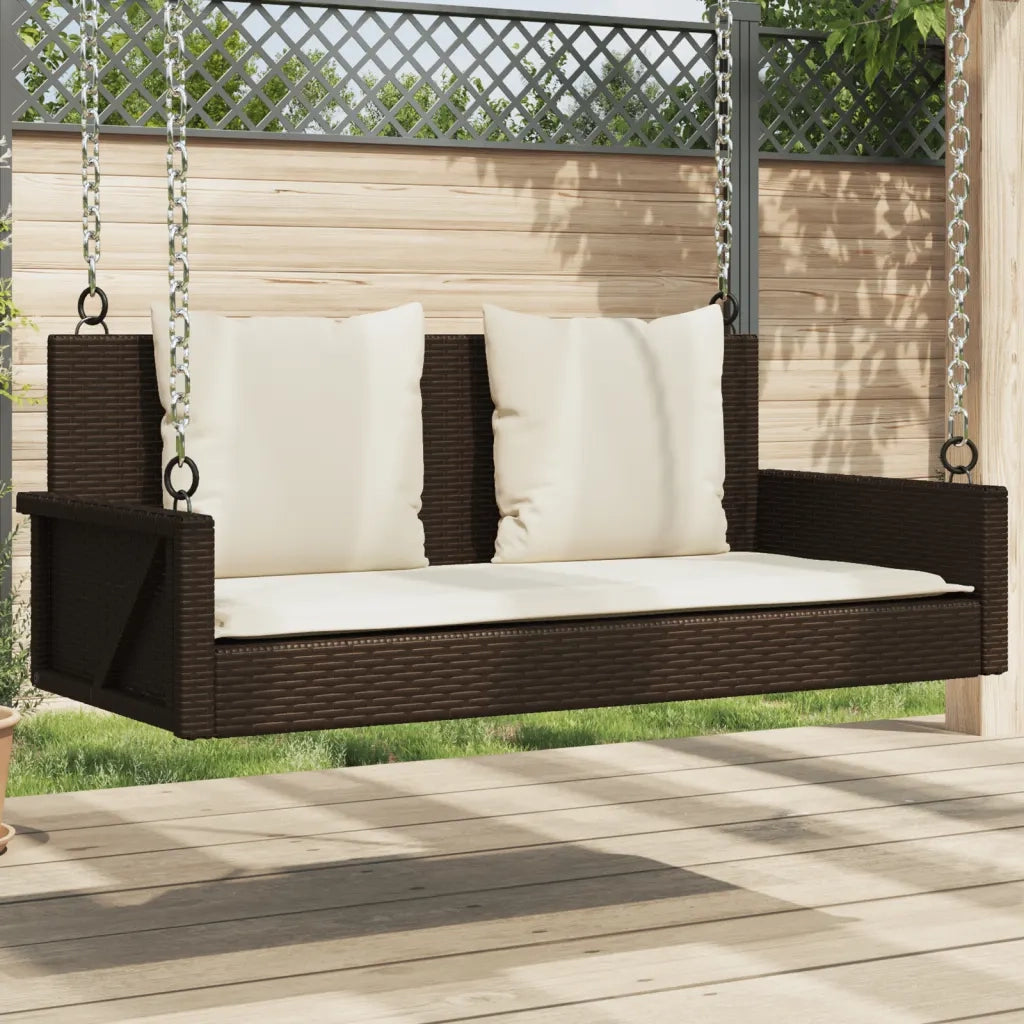 Panca da Giardino | Panchina a Dondolo con Cuscini Marrone 119x56x48 cm Polyrattan