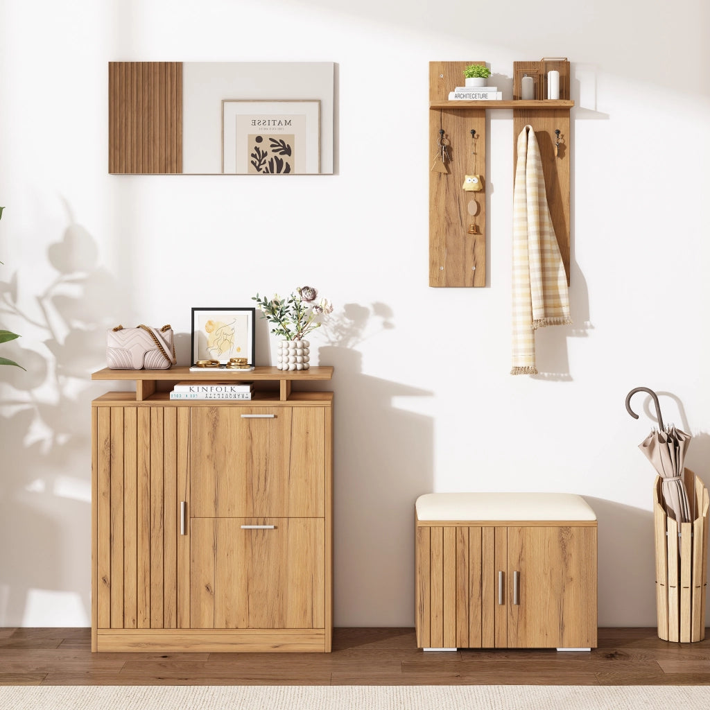 Set guardaroba da ingresso con panca, scarpiera, specchio e 4 ganci, finitura naturale, 140¡Á35¡Á133 cm
