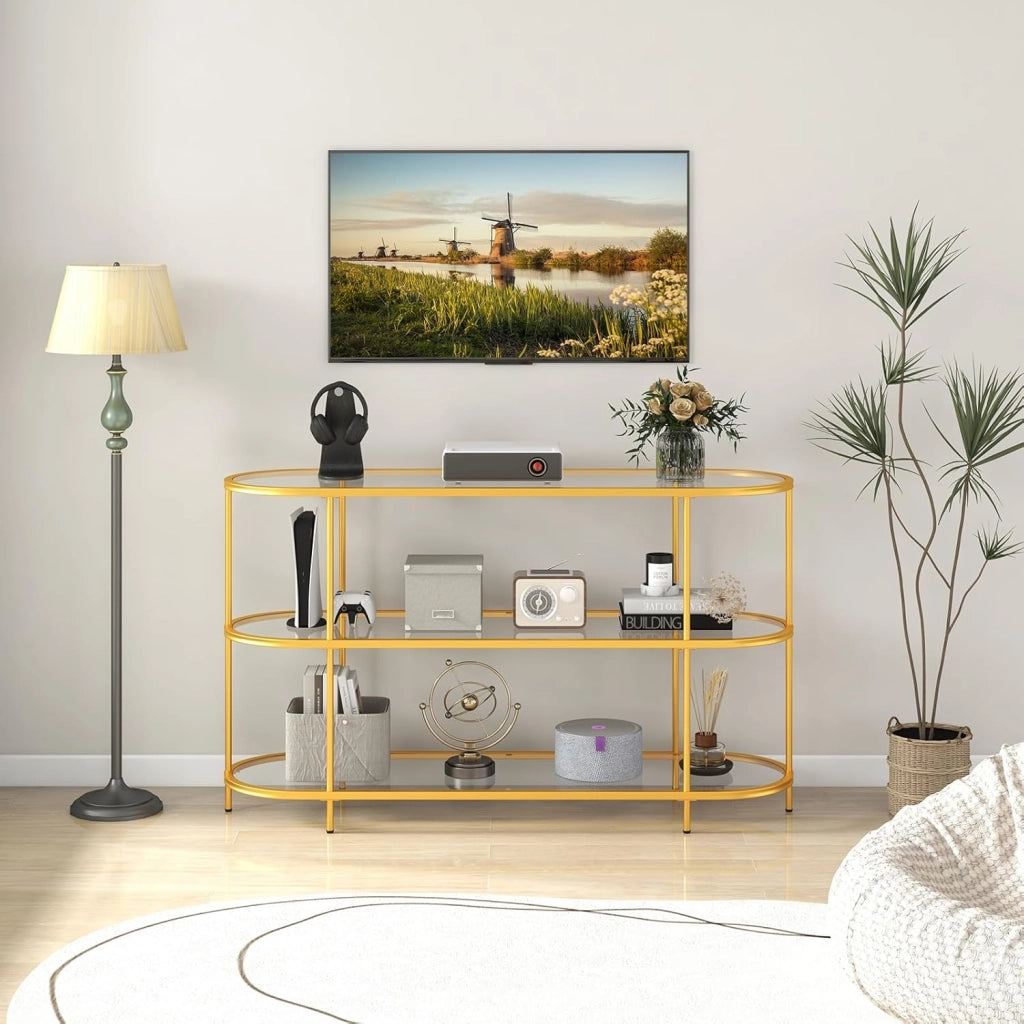 Mobile TV Soggiorno a 3 Ripiani, Mobiletto TV Multifunzione in Metallo per TV fino a 65”, Tavolo Consolle con Mensole in Vetro Temperato e Piedi Regolabili per Camera da Letto, Giallo Senape