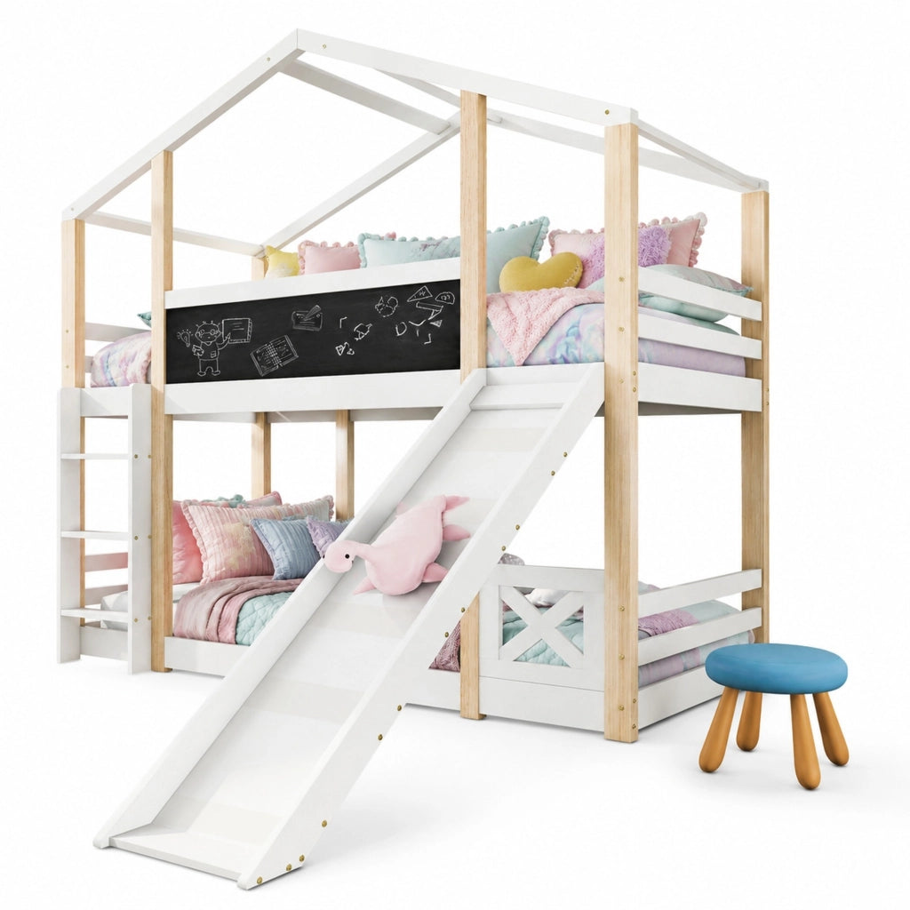 Letto a castello per bambini 90x200 cm con scivolo, scala e rete a doghe in legno massello bianco