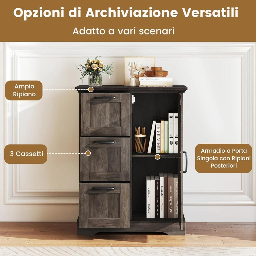 Mobile Bagno da Terra, Mobiletto Portaoggetti Moderno con Ante e 3 Cassetti, Armadietto Bagno per Cucina e Soggiorno, 60 x 30 x 80 cm (Grigio)