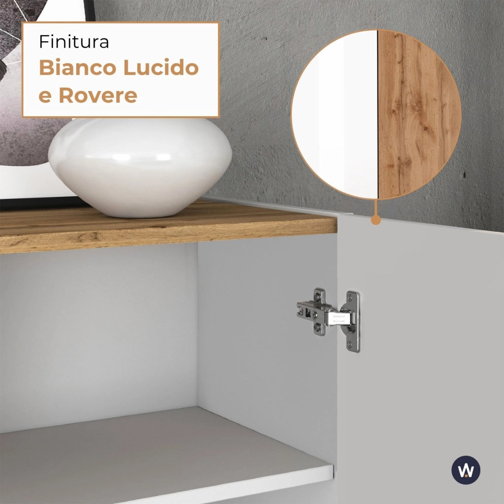 WHOUS Credenza Garda a 3 ante e 3 cassetti bianco lucido e rovere 102x35x110 cm