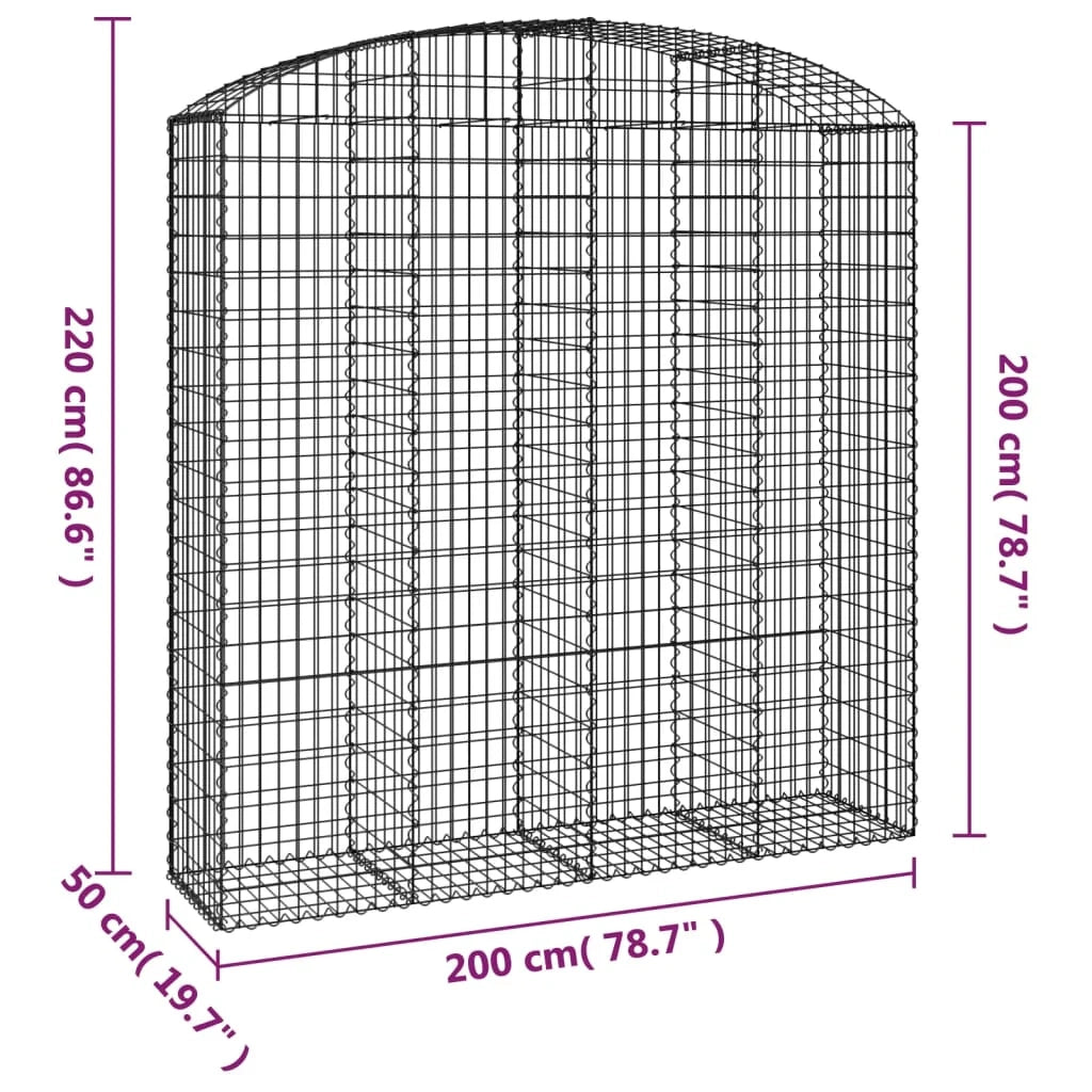 Cesto gabbione recinzione a gabbia muro di contenimento ad arco 200 x 50 x 200/220 cm ferro zincato argento 02_0040035