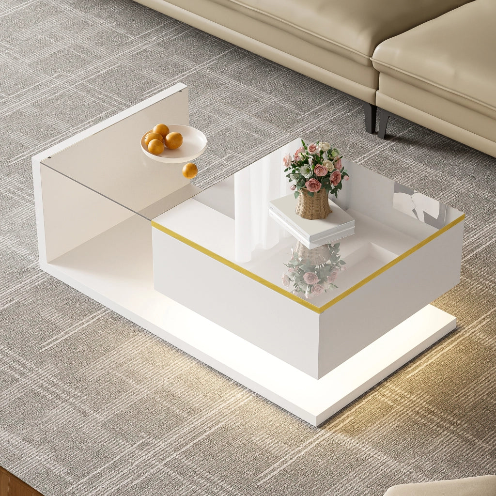 Tavolino da caffè 90x50x32.5 cm; LED dimmerabile con vano contenitore; truciolare e vetro; bianco