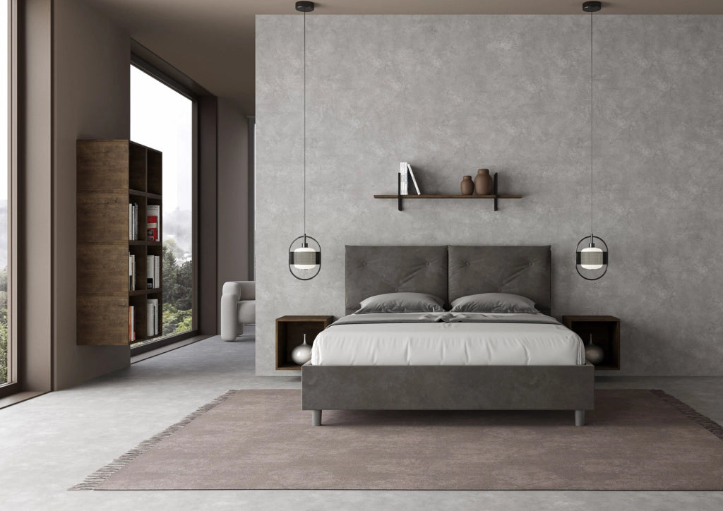 BS COM Letto matrimoniale senza rete imbottito 160x200 microfibra grigio
