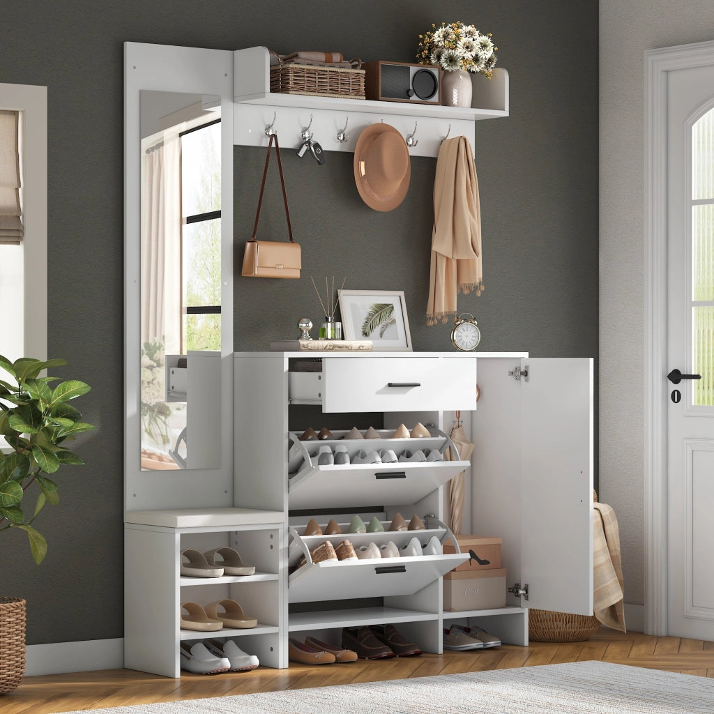 Mobile ingresso con 1 cassetto; 2 ante ribaltabili; 1 anta; 7 vani; 6 ganci; specchio e panca; per ingresso; 140 × 30 × 200 cm