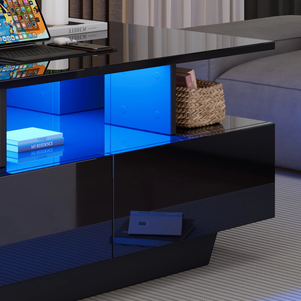 Tavolino da caffè moderno lucido con LED e 2 cassetti 90x55x41 cm; nero