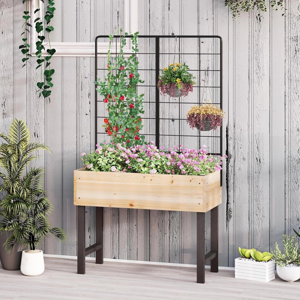 Letto da Giardino Rialzato con Traliccio in Metallo e Drenaggio, Fioriera in Legno Sopraelevata per Piante Rampicanti, Fioriera da Interno ed Esterno per Patio, Balcone e Cortile