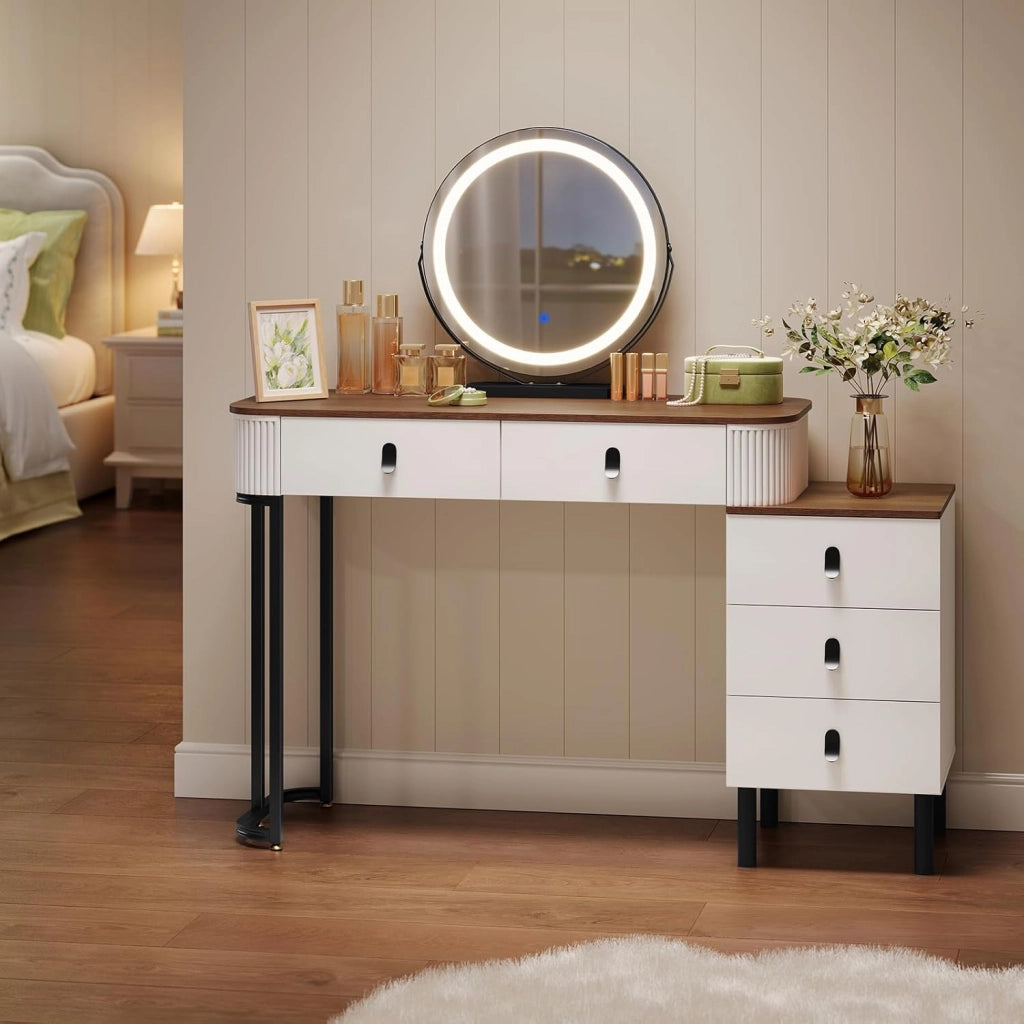 Postazione Trucco, Toeletta con Luci Dimmerabili, con Specchio Rimovibile, Consolle da Trucco per Donna, Cassettiera Spostabile