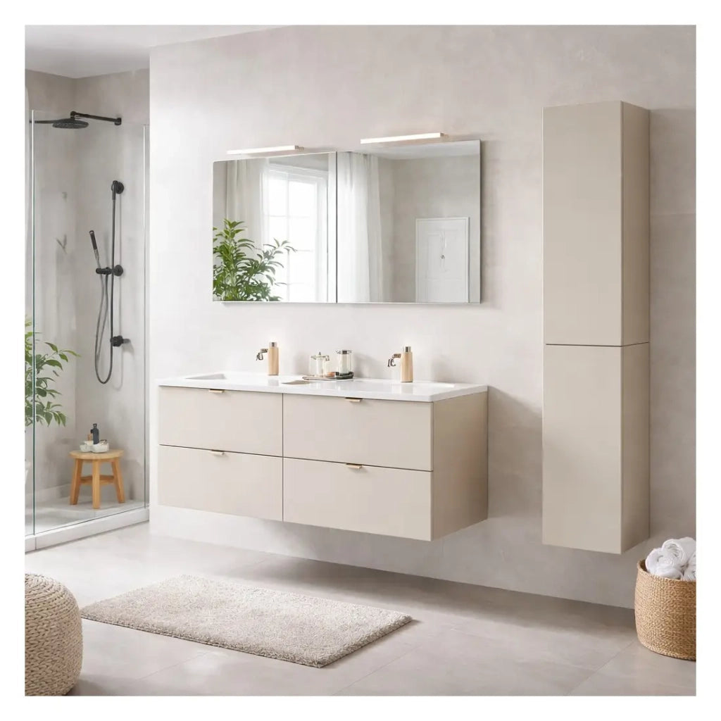 Set da bagno BELLA: mobile sottolavabo 120cm + doppio lavabo incassato rettangolare + colonna di stoccaggio