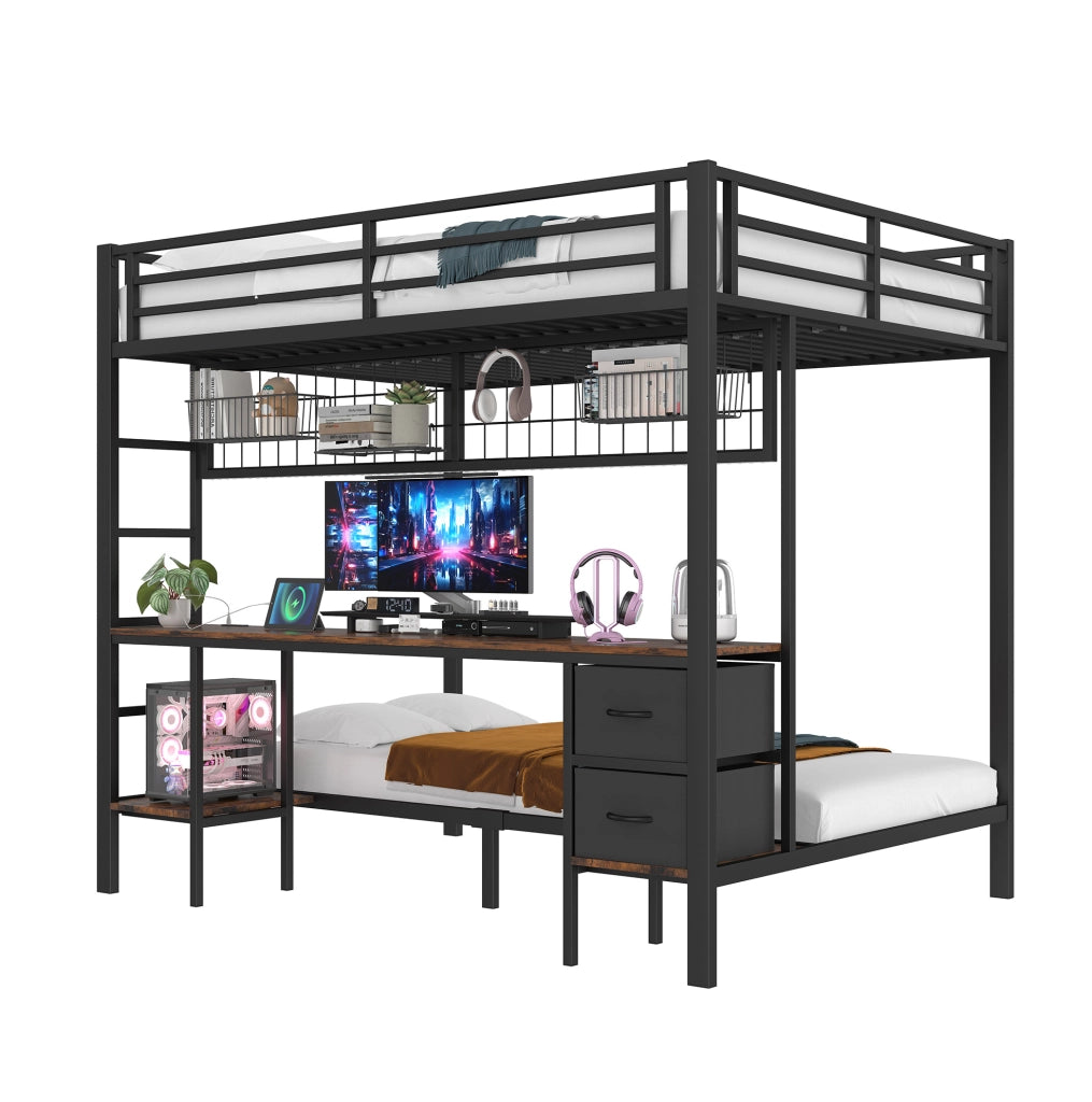Letto a soppalco 140x200 cm con scrivania; LED 7 colori e USB in metallo nero