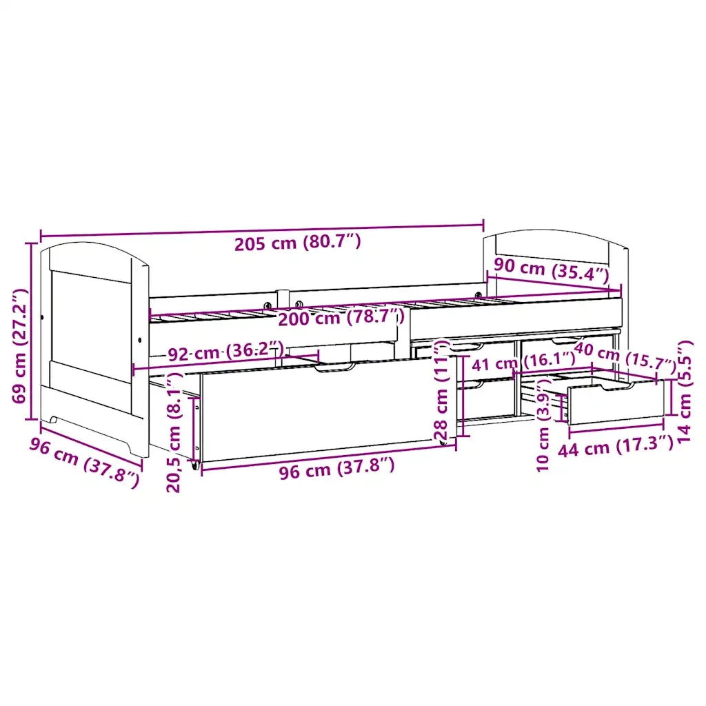 Letto singolo | Letto per adulti | Dormeuse 5 Cassetti senza Materasso Bianco&Rosa 90x200 cm IRUN