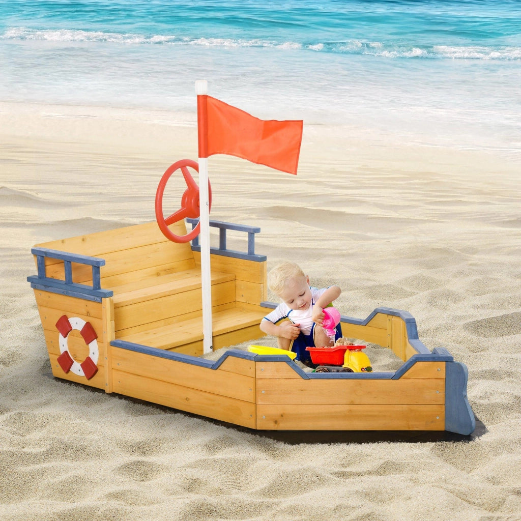 Sabbiera da Esterno per Bambini a Forma di Nave 158x78x45,5 cm con Contenitore in Legno