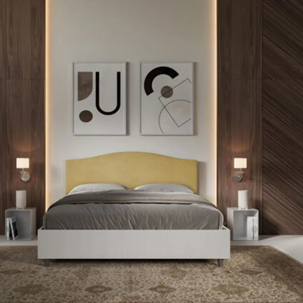 Letto matrimoniale contenitore 160x190 bianco frassino testata microfibra ocra Grace