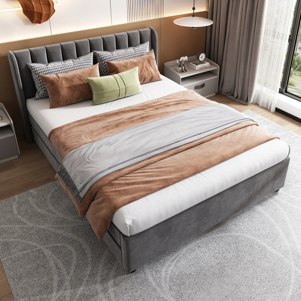 Letto 140x200cm - Xylo - Velluto, 2 cassetti, grigio