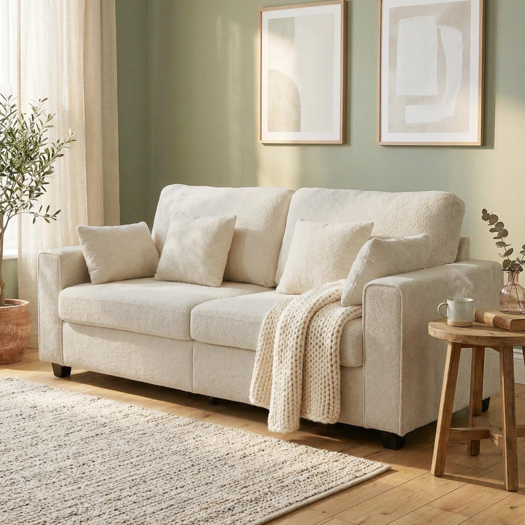 Divano 3 posti in velluto beige ¨C Xylo ¨C seduta profonda con cuscini e braccioli larghi