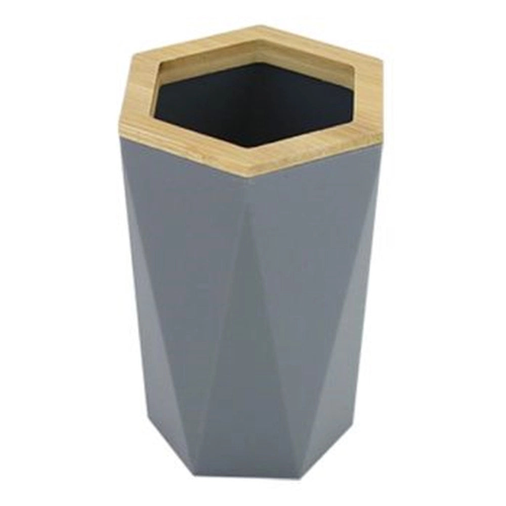 Trade Shop - Bicchiere Porta Spazzolini A Cilindro Esagonale Geometrico Grigio Legno Da Bagno 10847 -