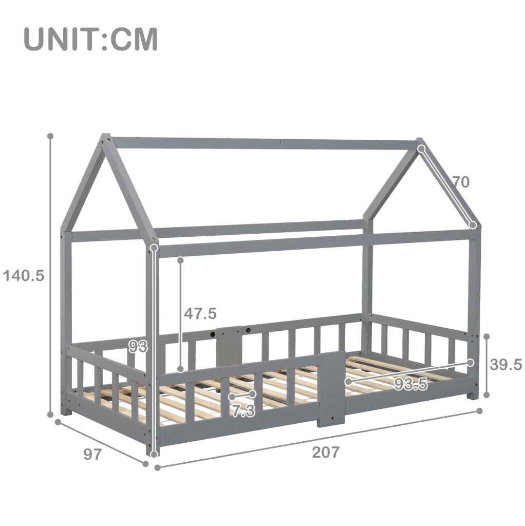 Letto a casetta per bambini 90x200 cm in legno di pino grigio; con lavagna e sponda anticaduta