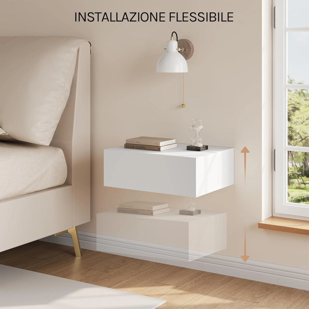 Set di 2 Comodini Sospeso con Cassetto, Comodino Galleggiante, 40x30x14 cm, Comodino a Parete Mensola da Letto, Mobili per Camera da Letto in Legno, Salvaspazio, Moderno, Bianco, NTS24ws-2