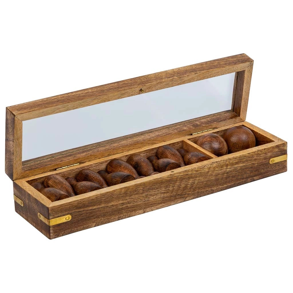 Gioco di bowling (10 pezzi + 2 palline) in scatola di legno marrone 25,5x7x5h