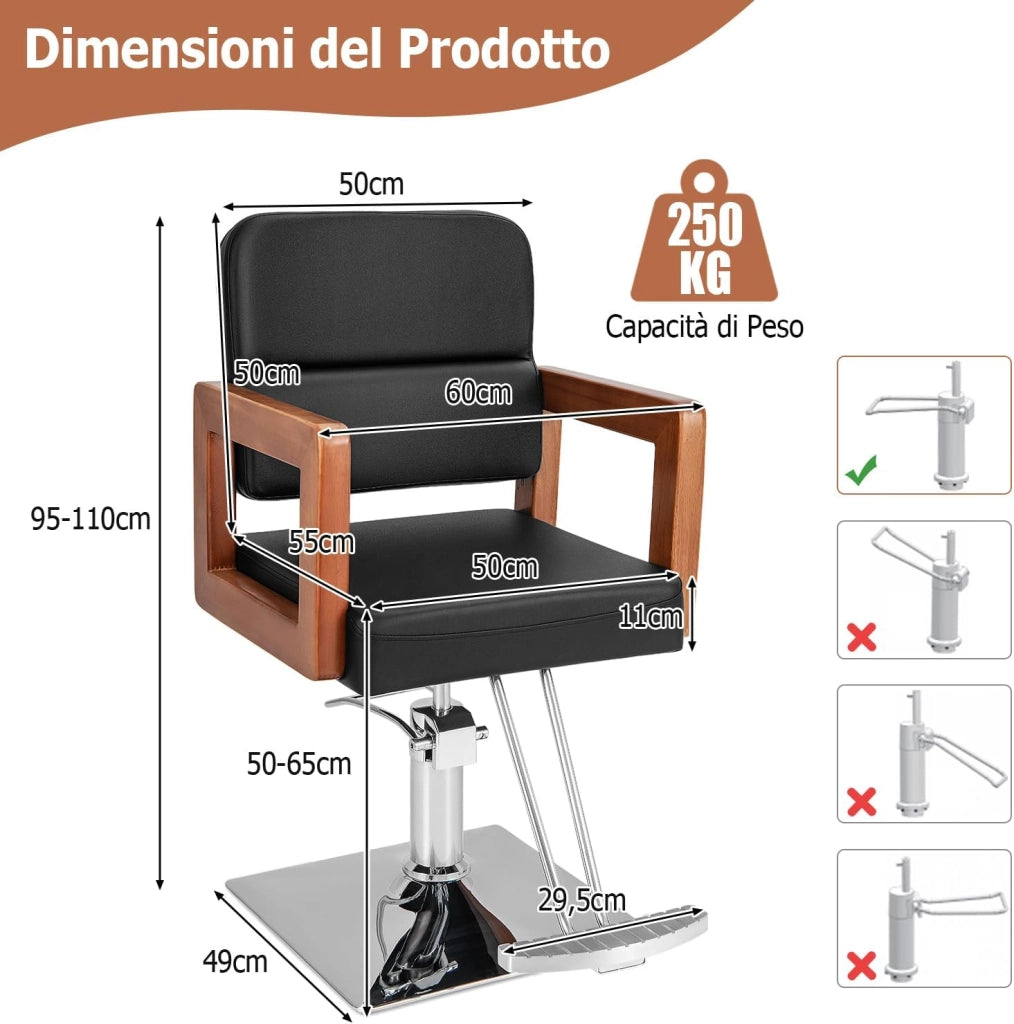 Poltrona da Barbiere, Sedia da Barbiere Girevole a 360°, Regolabile in Altezza 50-65 cm, con Braccioli in Legno Massello, Portata 250 kg