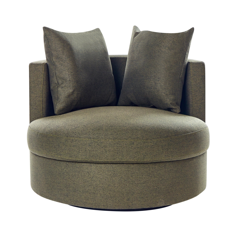 Poltrona Verde in poliestere con base girevole in ferro Due cuscini sfoderabili Schienale rotondo Soggiorno moderno in stile glam