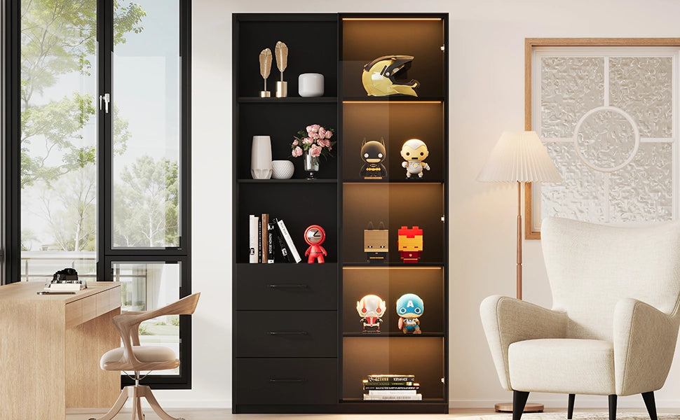 Libreria vetrina con LED e 3 cassetti, con 3 vani aperti e porta in vetro temperato, nero, 80 × 40 × 160 cm