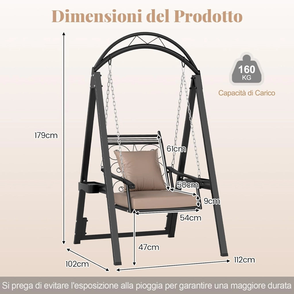 Sedia Sospesa da Esterno, Sedia a Dondolo Singola con Cuscini Removibili e Tavolini Laterali per Giardino, Portata 160 kg, Altalena con Supporto da Esterno ed Interno (Nero)