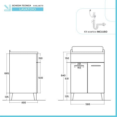 Mobile lavatoio 60x50 cm grigio calce vasca in resina e kit di scarico Moon