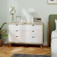 Cassettiera con 6 Cassetti in Legno per Camera da Letto, 110x40x75 cm, Bianco Lucido e Rovere