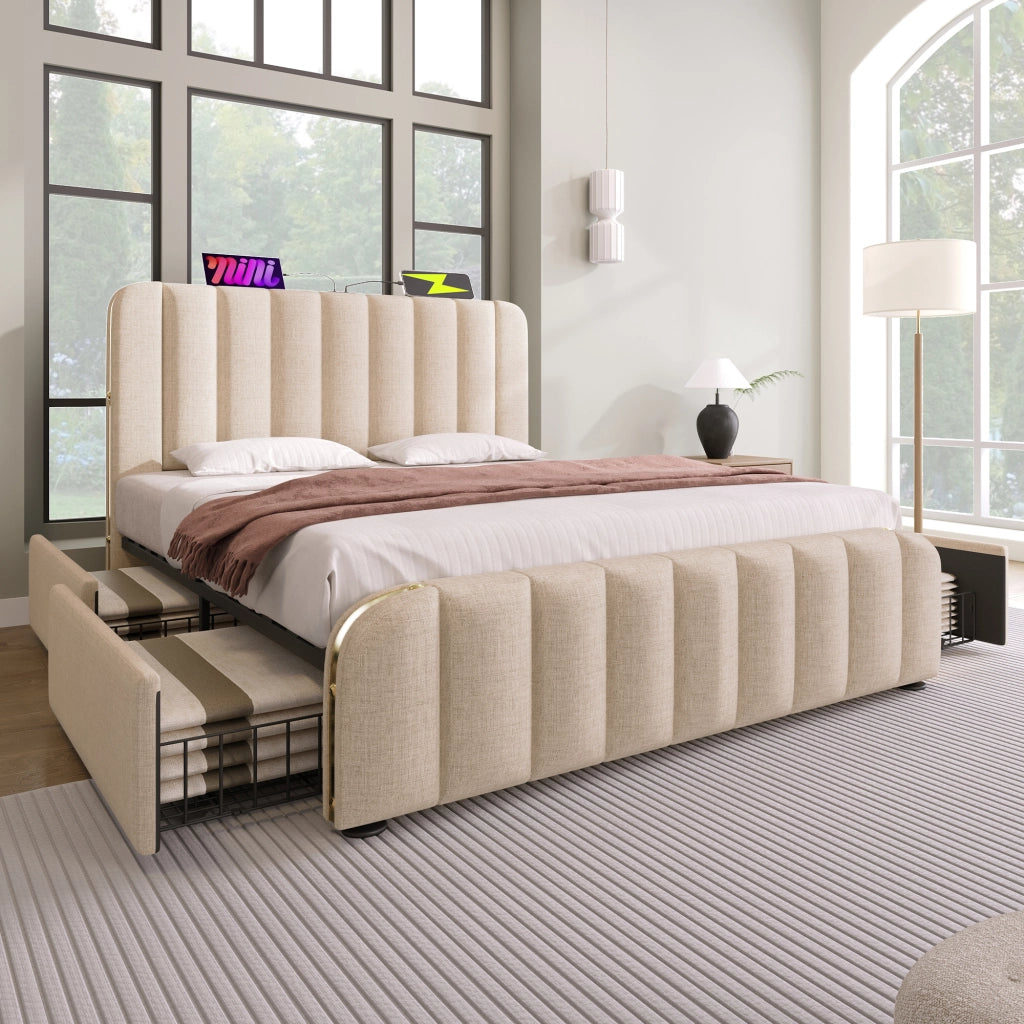 LETTO imbottito 160x200 cm Beige in lino con 4 cassetti e materasso incluso